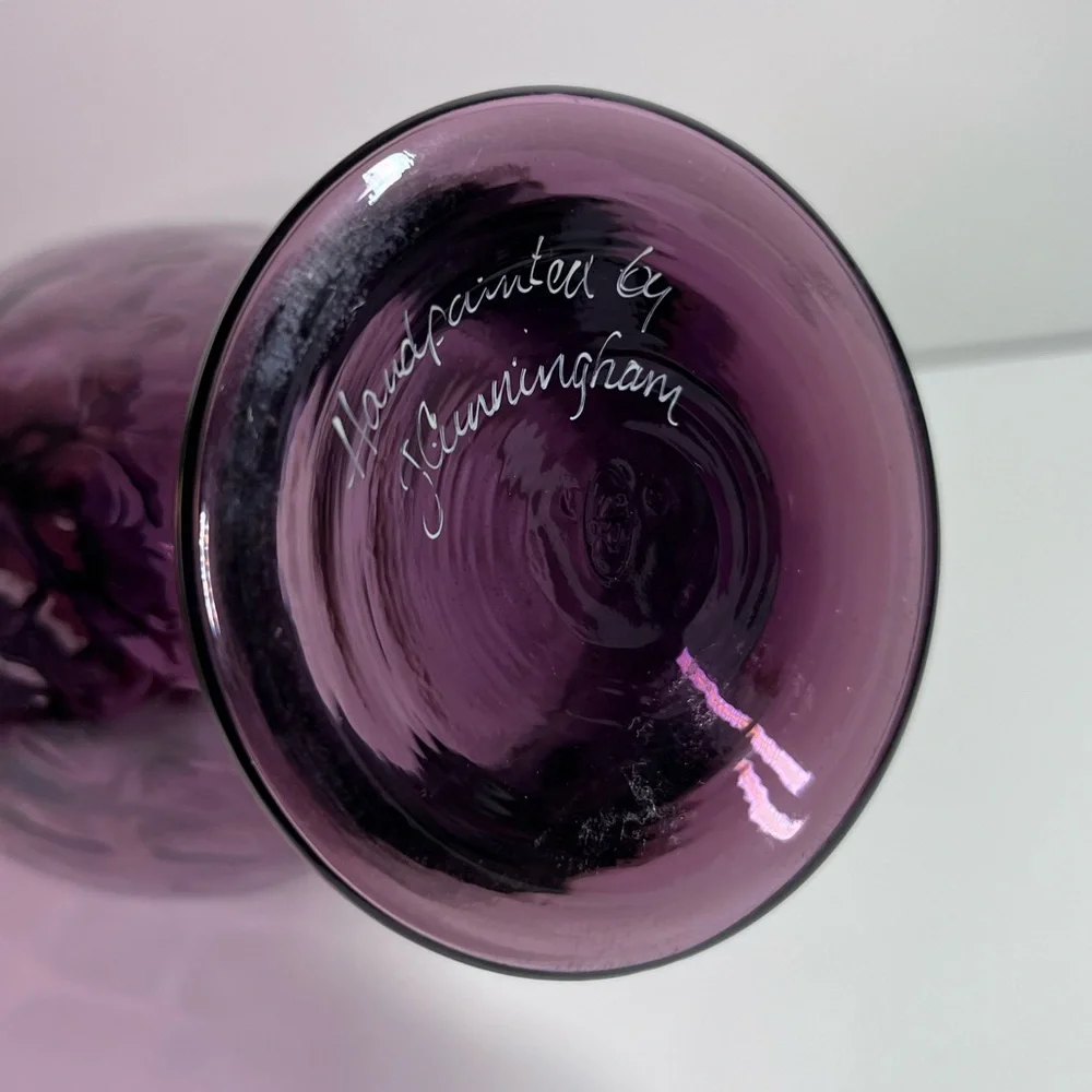 Vintage Fenton Plum Amethyst Diamond Optic Vase Hand Painted Grapes J Cunningham